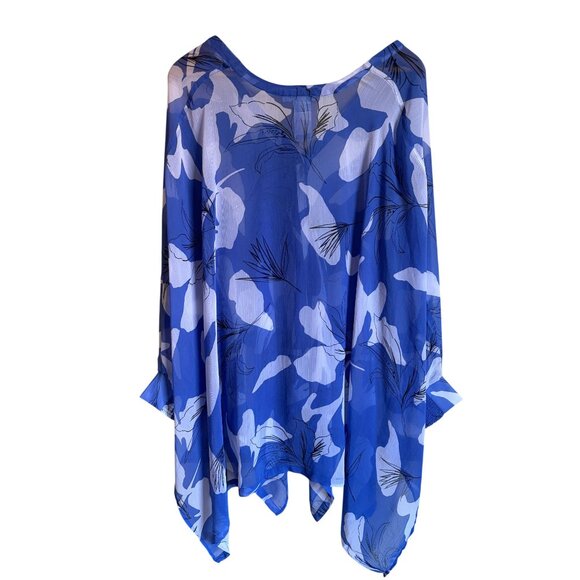 Chico's Size L/XL Blue White Floral Kimono Wrap Topper Semi Sheer Beachy Colorfu - Picture 2 of 9